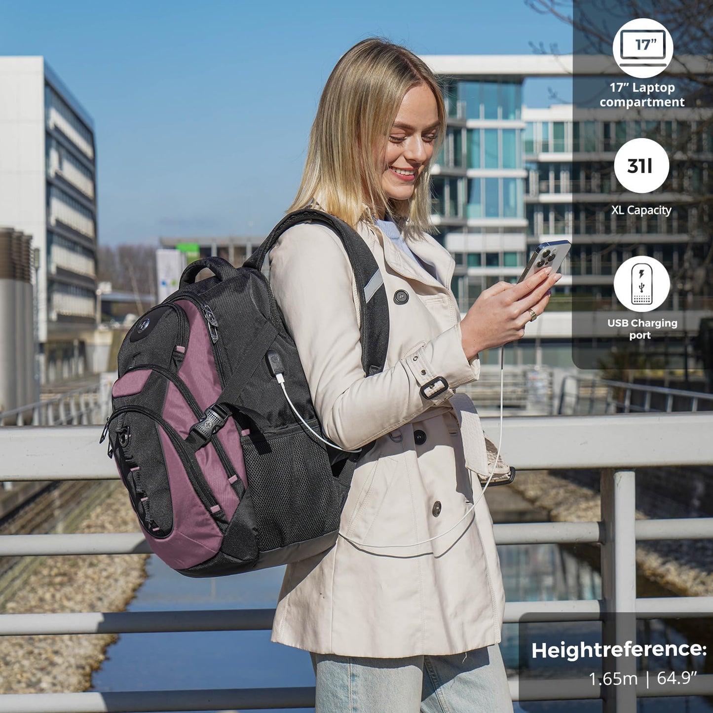 Swissdigital Design Laptop Backpack with USB Charging Port, TSA Travel Backpack Fits 15.6 inches Computer, 31L College School Backpack for Women, Light Purple/Black | SD803