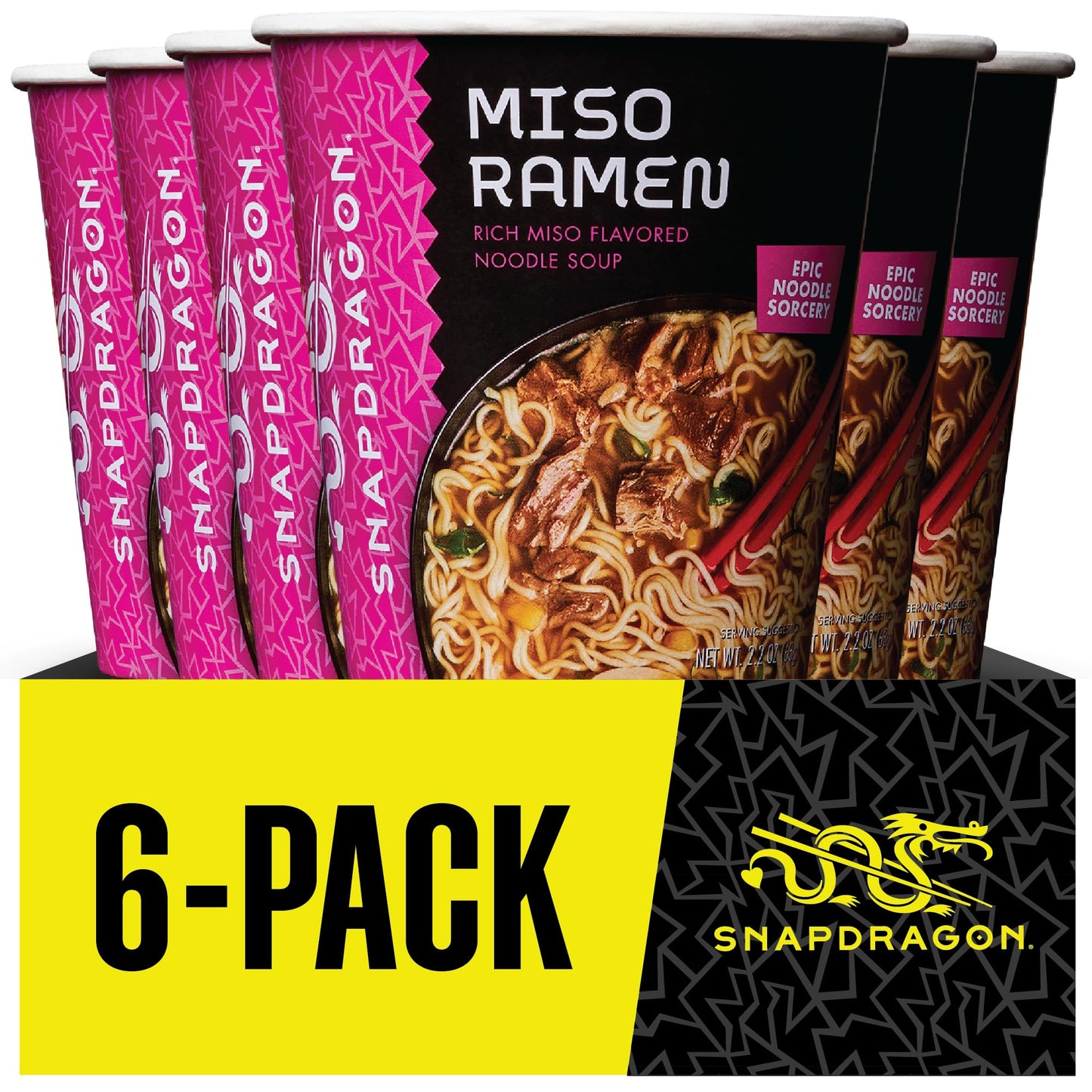 Snapdragon Miso Ramen Cup Noodles - 6 Pack Instant Ramen Bowl with Authentic Wheat Noodles, Soup Sauce Base, Vege Pack and Flavoring Chili Oil. Microwave or Hot Water, Easy Meal Prep