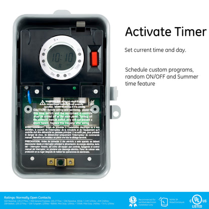 GE 7-Day Digital Pool Timer, 2HP 40A Load Capacity Pump Switch, Outdoor NEMA 3R-Rated Box, Universal Voltage Replacement, Water Heater Control, Tamper Resistant Metal, 46537