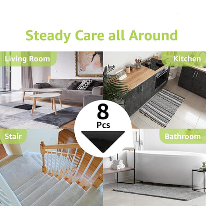 Rabenda 8 Pcs Grippers for Rugs, Non Slip Rug Pads for Hardwood Floors and Tiles, Reusable Rug Tape for Area Rugs, Dual Sided Adhesive Rug Pad Gripper Keep Corners Flat(Black)