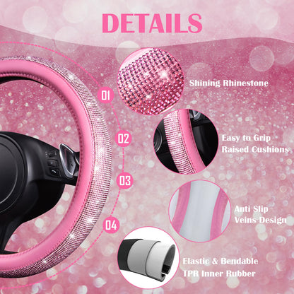 CAR PASS Bling Pink Car Accessories Set for Women, Sparkly Rhinestone Diamond Steering Wheel Cover Seat Belt Cushion Glitter Shift Knob Cover Car Cup Holder Coaster Cute Interior Sets, Pink 22 PCS