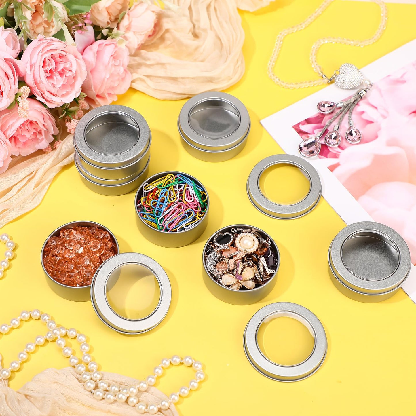 TecUnite 24 Pack 2 Ounce Metal Tin Cans Round Empty Container Salve Tins with Clear Lid for Kitchen, Office, Candles, Candies