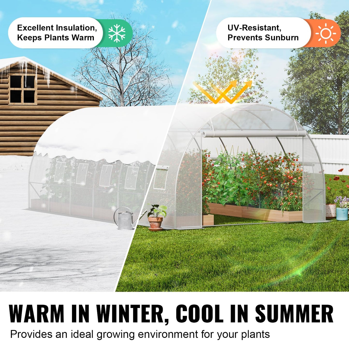 VEVOR Walk-in Tunnel Greenhouse, 19.4x9.7x6.5 ft Hoop House Greenhouse Tunnel, Plant Hot House with Galvanized Steel Frame, White PE Cover, Roll-up Zipper Door and 12 Windows for Outdoor