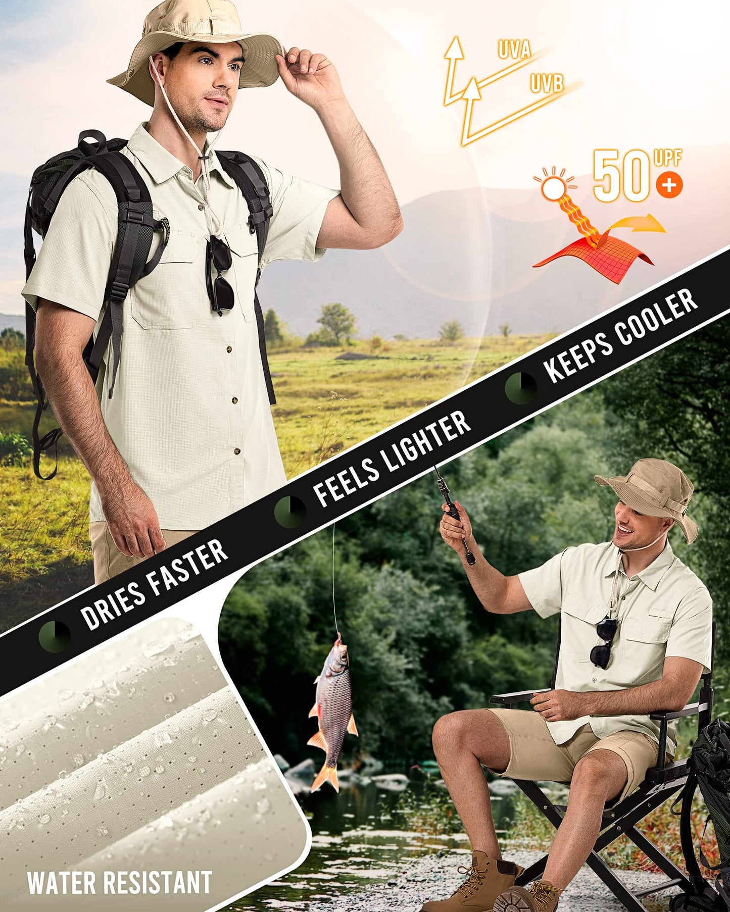 33,000ft Men's UPF 50+ UV Short Sleeve Hiking Fishing Shirt Quick Dry Cooling PFG Sun Protection Shirt for Travel Safari Khaki