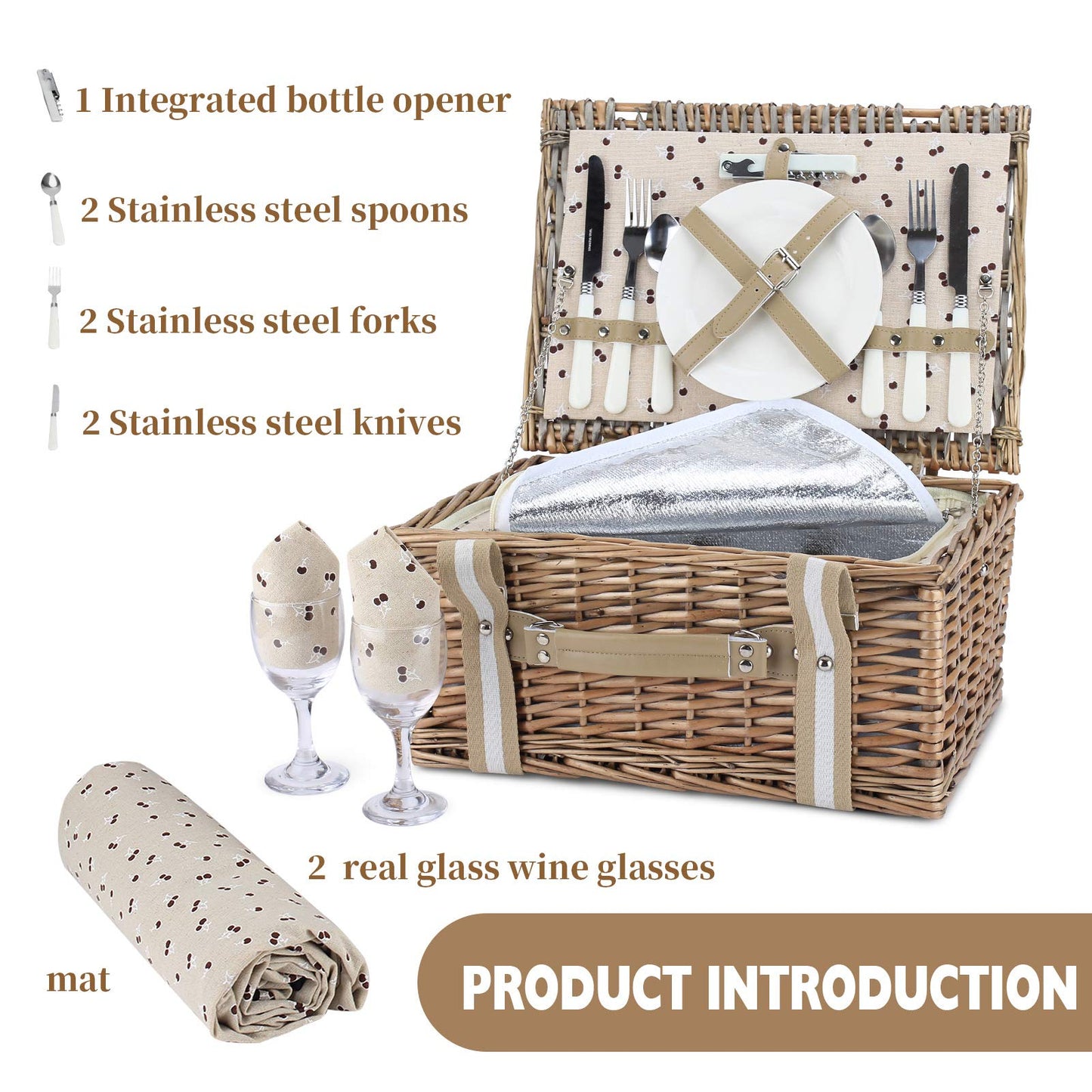 Willow Picnic Basket Set for 2 Persons with Large Insulated Cooler Bag and Waterproof Picnic Blanket, Wicker Picnic Hamper for Camping,Outdoor,Birthday