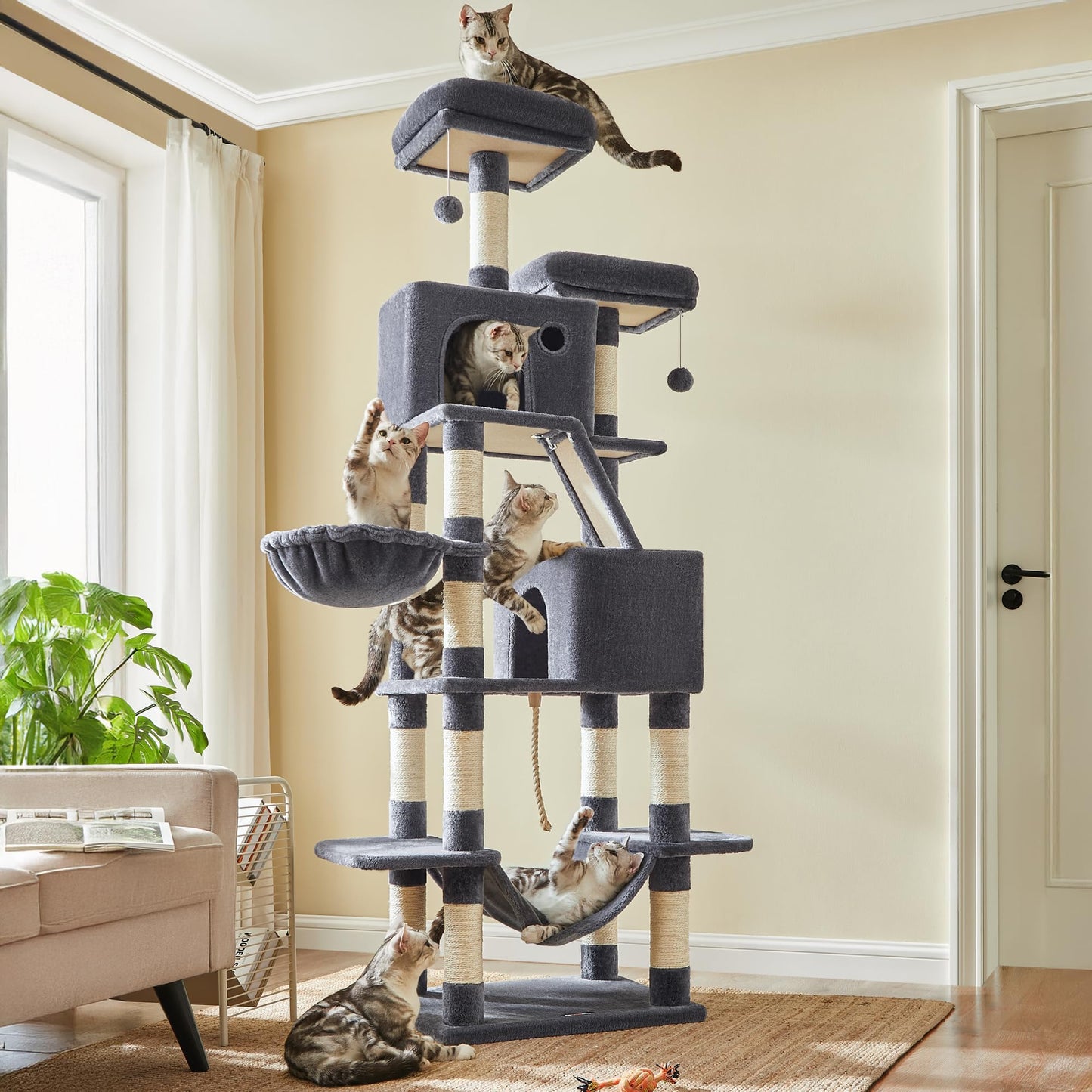 Feandrea Cat Tree, 81.1-Inch Large Cat Tower with 13 Scratching Posts, 2 Perches, 2 Caves, Basket, Hammock, Pompoms, Multi-Level Plush Cat Condo for Indoor Cats, Smoky Gray UPCT190G01