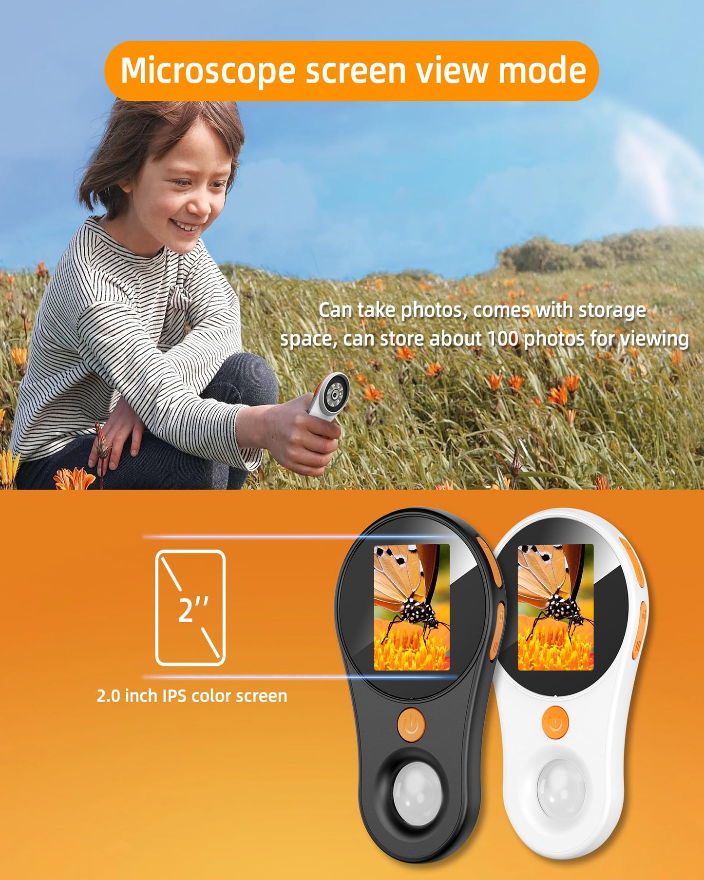 Digital Microscope Handheld 2.0 inch IPS Color Screen,Portable Digital Magnifying Glass 500x,Marco Microscope for Kids,Built-in 8LED Lights,USB Compatible with PC Windows, Mac OS