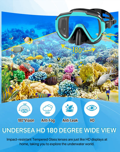 Ubekezele Snorkeling Gear for Adults Men Women,4 in 1 Snorkel Set with Panoramic View Diving Mask Anti-Fog Anti-Leak,Dry Top Snorkel,Fins and Travel Bag for Swimming,Snorkeling and Travel Diving