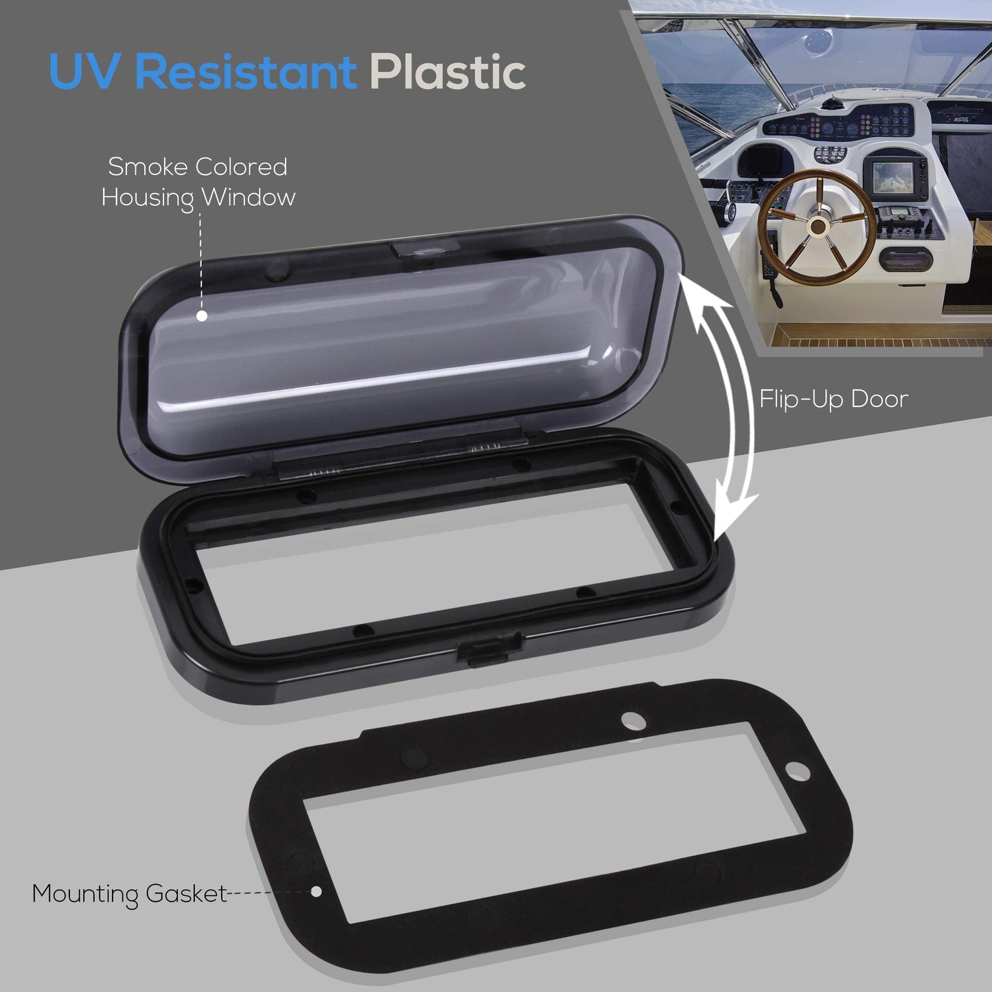Pyle Water Resistant Marine Stereo Cover - Smoke Colored Heavy Duty Boat Radio Protector Shield with Flip-up Door & Spring Loaded Release - Mounting Gasket Included - Pyle PLMRCB1