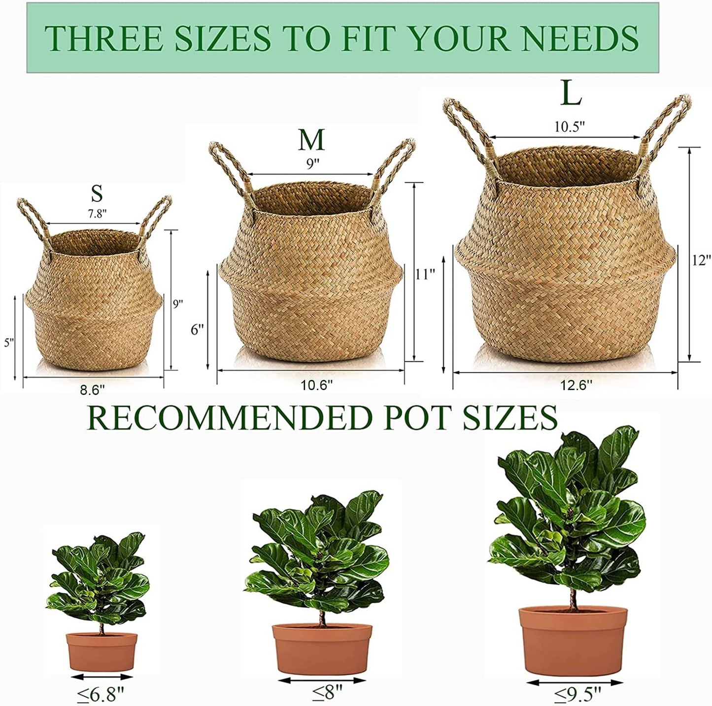 Yesland 2 Pack Woven Seagrass Plant Basket with Handles, Ideal Wicker Baskets Storage Plant Pot Baskets for Laundry, Picnic, Plant Pot Cover, Beach Bag and Grocery Basket (L)