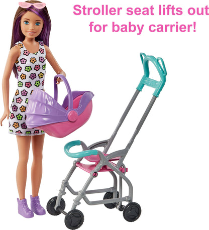 Barbie Skipper Babysitters Inc Playset with Doll, Stroller, Baby Doll & 5 Accessories, Remove Stroller Seat for Carrier