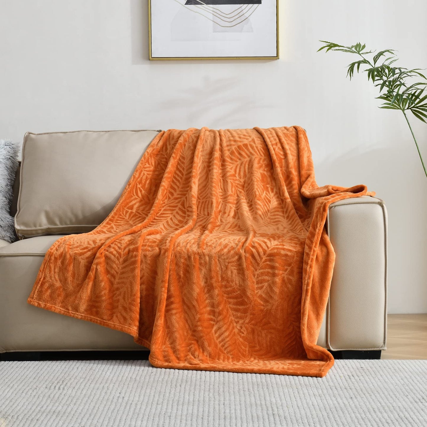 SOCHOW Super Soft Flannel Fleece Fall Throw Blanket, Lightweight Cozy Warm Leaves Textured Plush Blanket for Bed Couch Sofa, 50 x 60 Inches, Orange