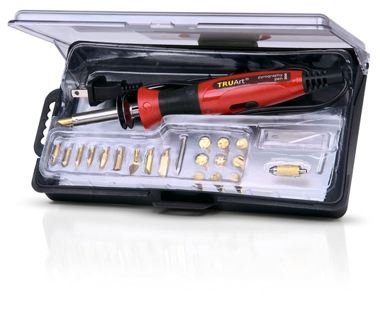 TRUArt Wood Burning Leather Pyrography Pen - Best Woodburning Crafts Tool Kit Set - Comes with 21 Different Tips - Dual Power Mode - 30W and 15W, Gourd