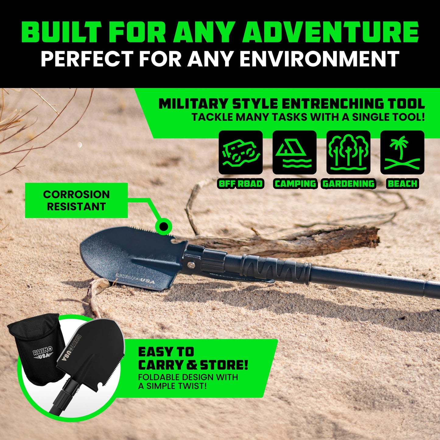 Rhino USA Survival Shovel w/Pick - Heavy Duty Carbon Steel Military Style Entrenching Tool for Off Road, Camping, Gardening, Beach, Digging Dirt, Sand, Mud & Snow. (Survival Shovel)