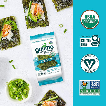 Gimme Seaweed Organic Premium Roasted Seaweed Snacks, Sea Salt, 20 Count, Keto, Vegan, Gluten-Free, Great Source of Omega3s and Iodine, Healthy On-The-Go Snack for Kids and Adults