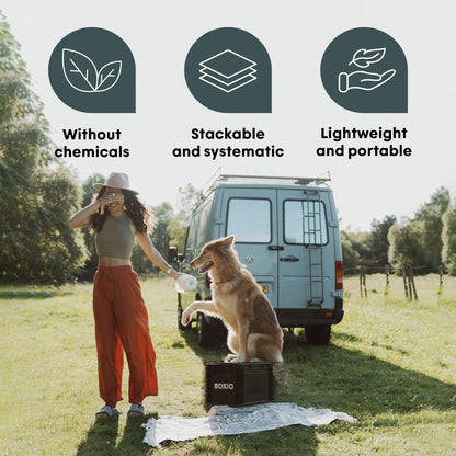 BOXIO TOILET: Portable solution for car trips, boats, hunting or outdoor adventures. Europe's good-selling composting toilet. Compact size: 15.75" x 11.8" x 11"