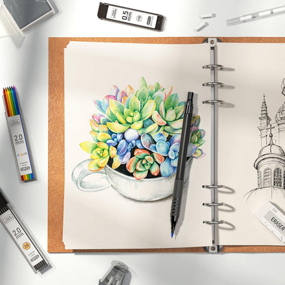 Four Candies Metal Mechanical Pencil Set, 3PCS Art Drafting Pencils 0.5, 0.7, 0.9MM & 2PCS 2MM Mechanical Drawing Pencils with 420PCS Leads (4B 2B HB 2H Color) for Writing Sketching Drawing (Black)