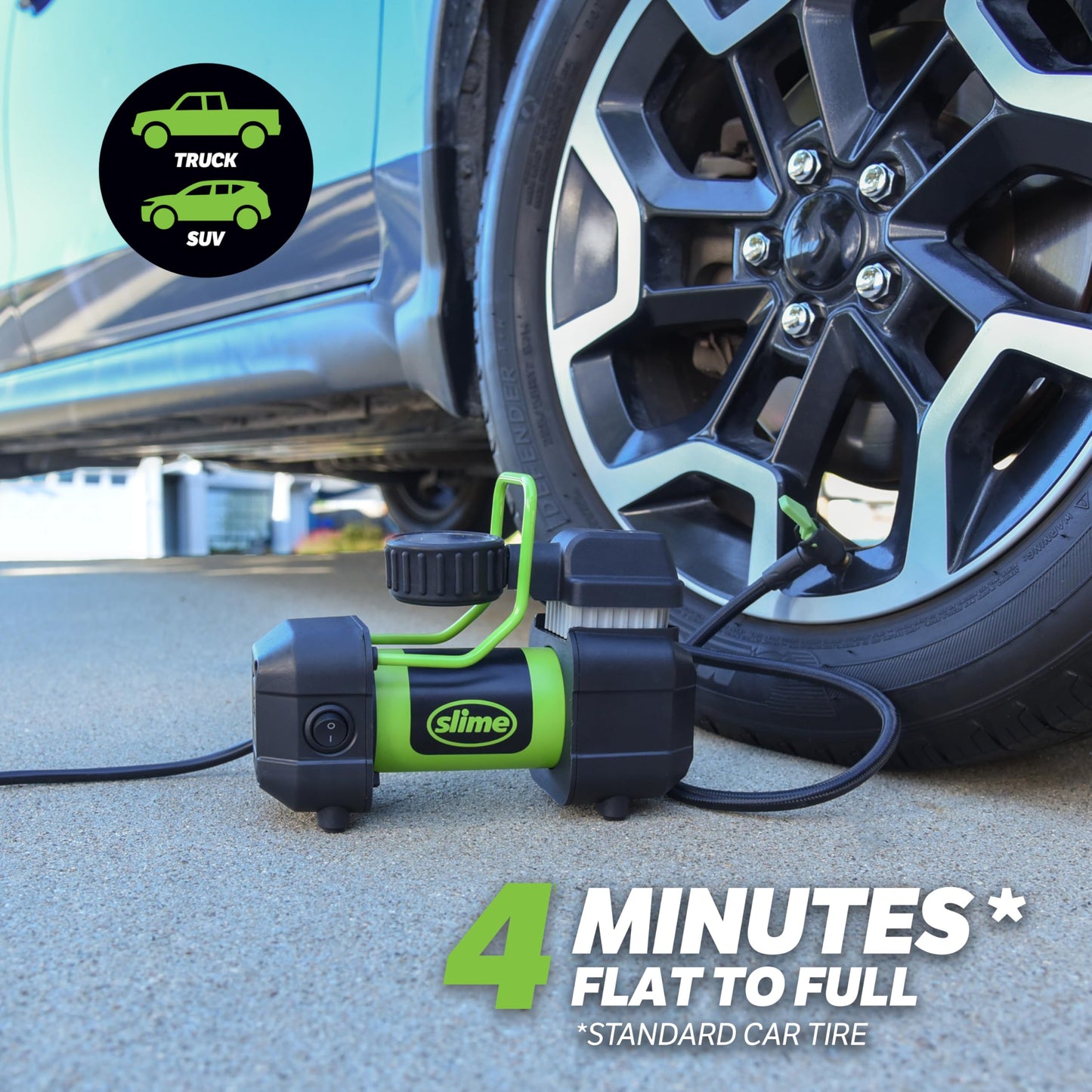 Slime 40045 Home Tire Inflator, Wall Mounted 120V, SUV, 4x4 Air Compressor, Heavy Duty, 2X Pro Power, with Analog 100 psi Dial Gauge, Long Hose and LED Light, 4 min Inflation