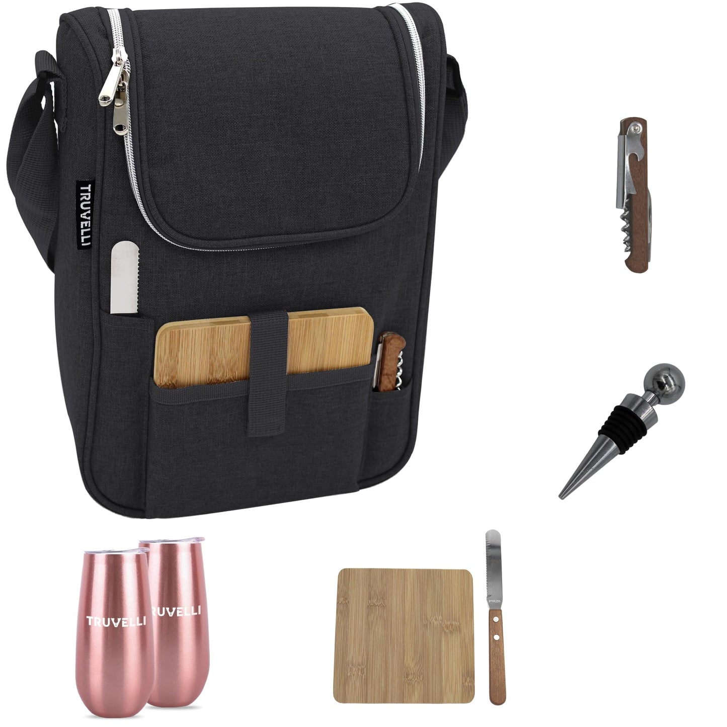 Truvelli Black Insulated Wine Tote Bag: Portable 2 Bottle Cheese Waterproof Black Canvas Carrier Picnic Kit - Stopper Attachment, Plus Wooden Charcuterie Board