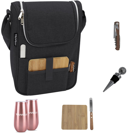 Truvelli Black Insulated Wine Tote Bag: Portable 2 Bottle Cheese Waterproof Black Canvas Carrier Picnic Kit - Stopper Attachment, Plus Wooden Charcuterie Board