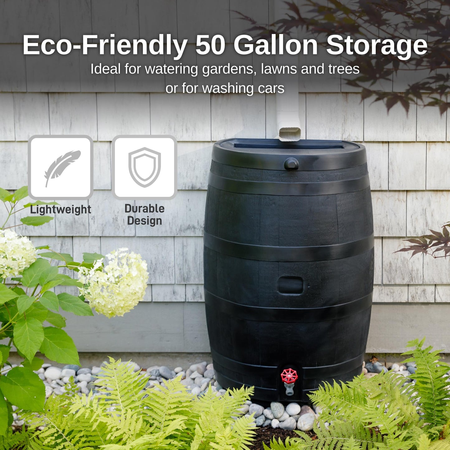 RTS Home Accents 50-Gallon ECO Rain Barrel Made with 100% Recycled Plastic, Flat Back Rain Water Collection Barrel, Black
