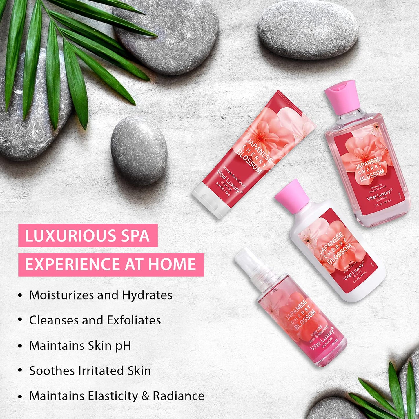 Vital Luxury Bath & Body Kit, 3 Fl Oz Travel Size, Ideal Skincare Relaxing Home Spa Set, Includes Body Lotion, Shower Gel, Body Cream, and Fragrance Mist, Bath Gifts for Her and Him (Japanese Cherry