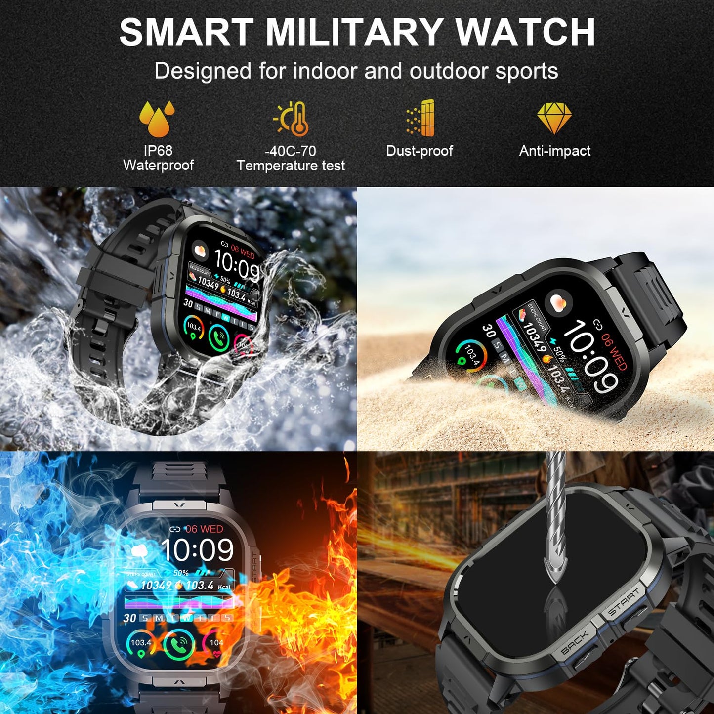 Smart Watch for Men Fitness Tracker: Make/Answer Call Military Smart Watches for Men Digital Mens Watches Running Waterproof Smartwatch Android Phones iPhone Samsung Compatible Heart Rate Monitor