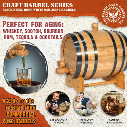 2 Liter Oak Aging Barrel with Wood Stand, Bung & Spigot - Mini Whiskey Barrels for The Home Alcohol Distiller, Moonshiner & Winemaker - Age Cocktails, Bourbon, Whisky, Tequila, Rum, Mead Wine (2L)