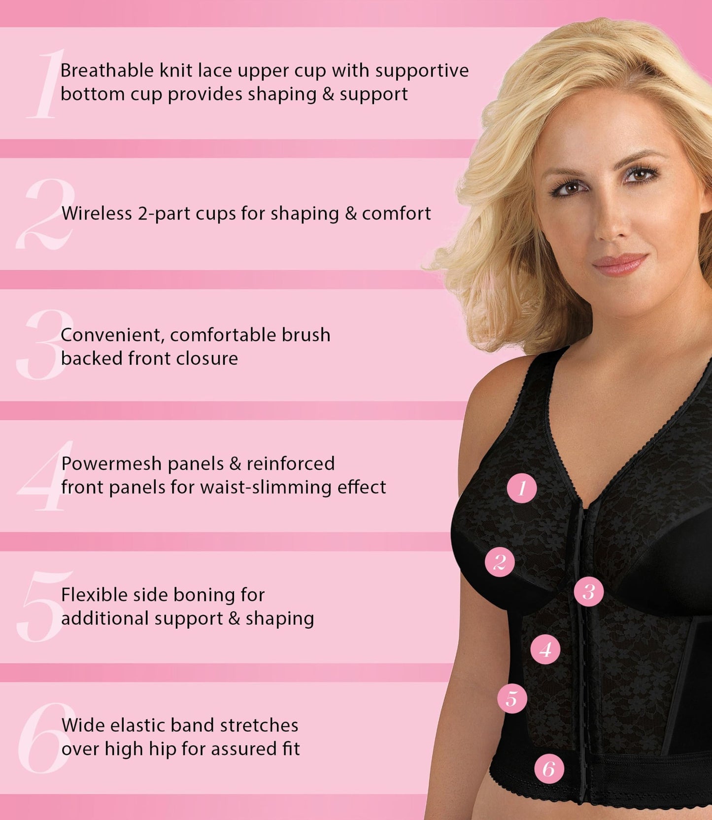 Exquisite Form womens Fully Front Close Longline Lace Posture Bra, Black, 40DD US