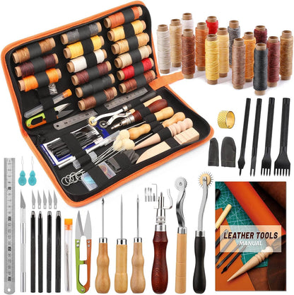 BUTUZE Leather Working Tools, Practical Leather Craft Kit with Waxed Thread Groover Awl Stitching Punch Hole for Leathercraft Beginner or Adults Gifts - Comes with Tool Manual
