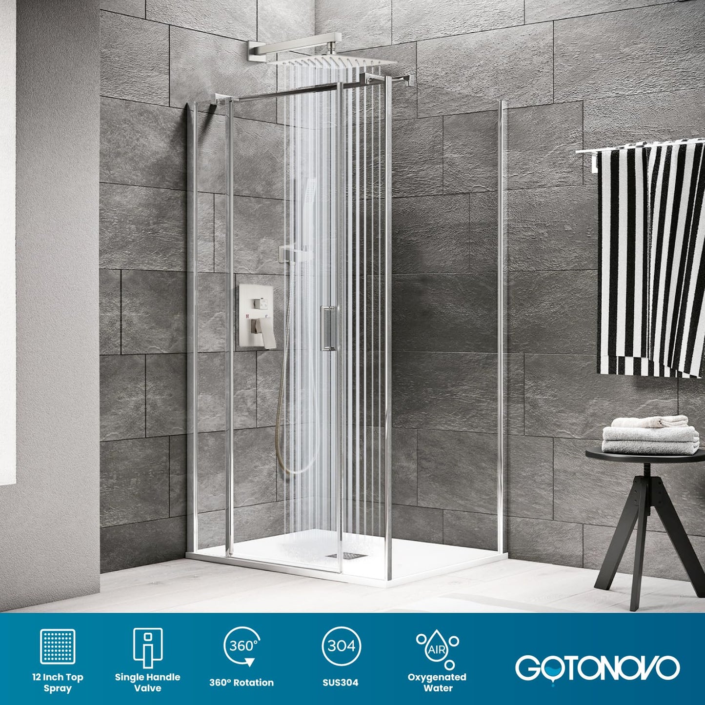 gotonovo Rainfall Bathroom Shower System Rain Shower Head and Handle Set Wall Mounted Shower Complete Combo Solid Brass Pressure Balancing Shower Mixer Valve 12 Inch Brushed Nickel