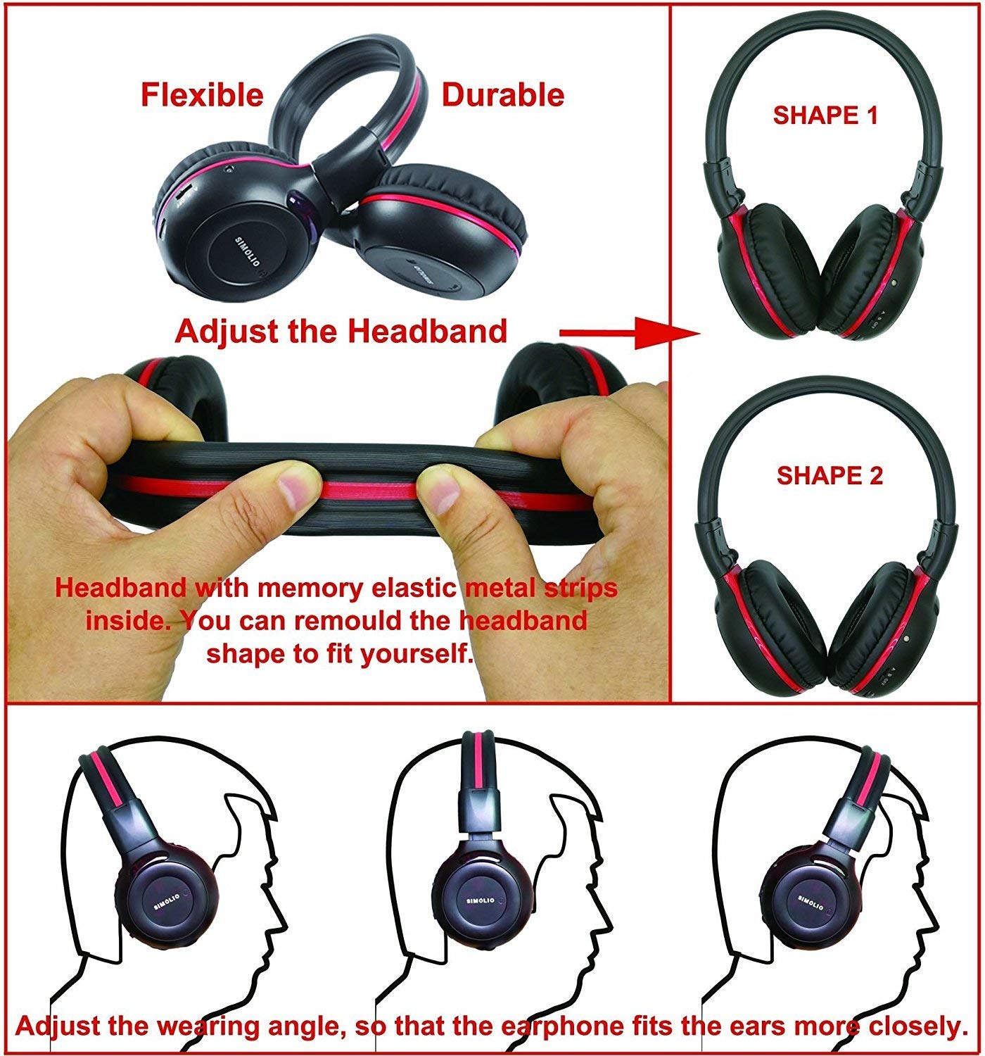 SIMOLIO 2 Pack of Wireless Car Headphones, 2 Channel IR Wireless Headphones for Kids, Not Bluetooth, in Car DVD Headsets with Storage Bag for Vehicle Universal Rear Entertainment System