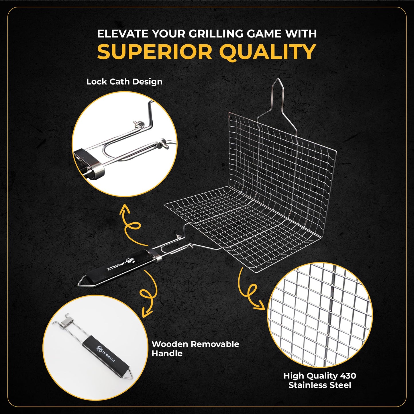 UPGRILLZ Fish Grill Baskets for Outdoor Grill Vegetables, Fish Grilling rack for Grill, BBQ Grilling Basket, Stainless steel Grill Basket for Veggies, shrimp Includes 50 skewers, Silicon Brush, and Carry Bag