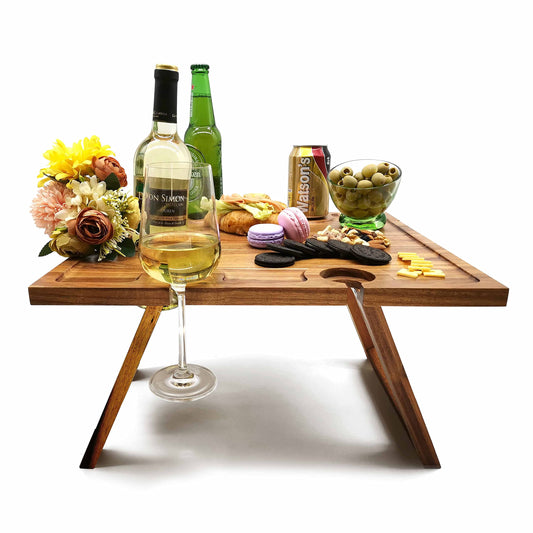 SASIDO Portable Wine Picnic Table, Acacia Wood, Larger Tray Foldable, Charcuterie Board, Wine Gift, Decoration for Romantic Camping, Engagement Party, Concerts at Park, Glamping, Wood Color