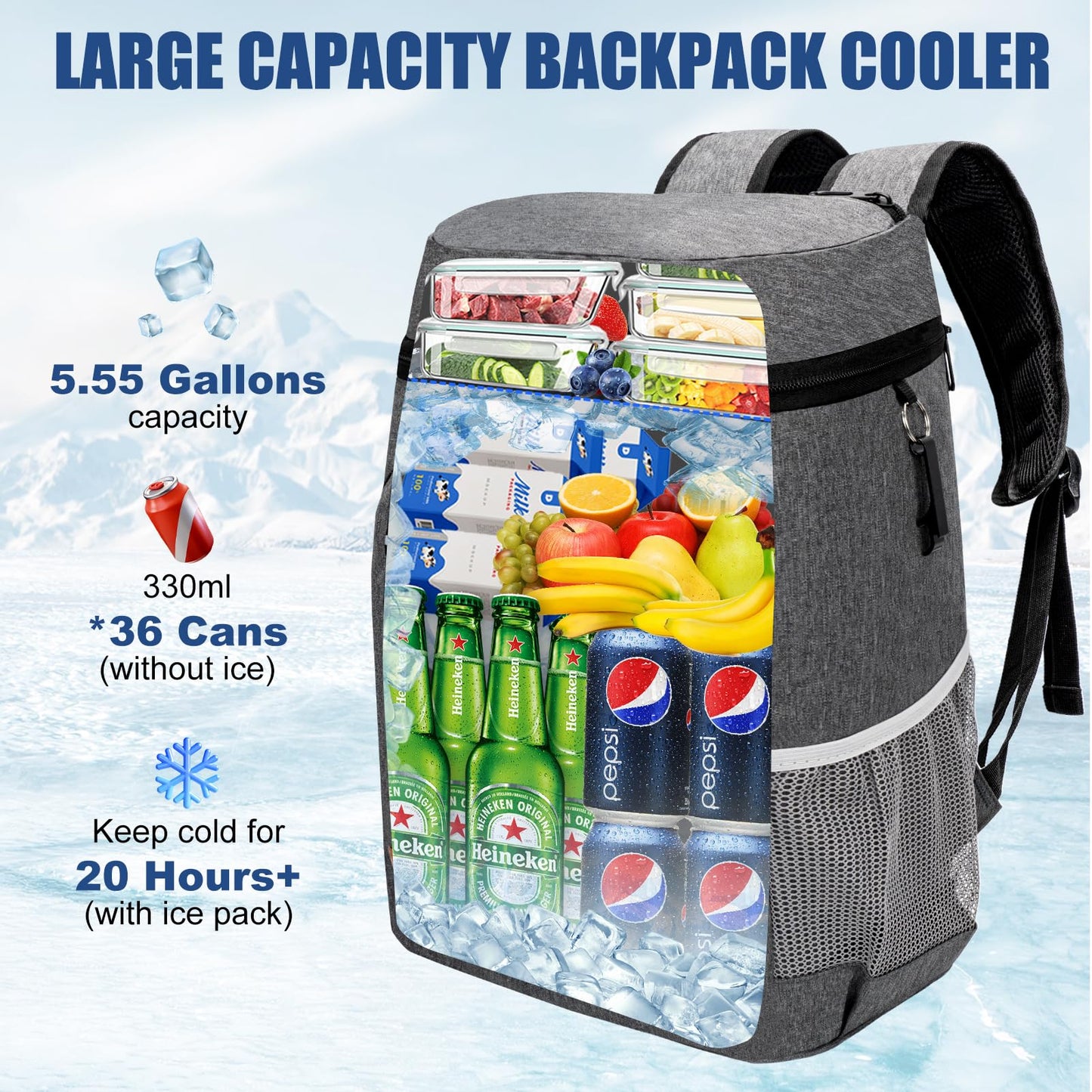 Backpack Cooler Insulated Leak Proof for Men Women 36 Cans Soft Cooler Backpack Insulated Waterproof Large Capacity Coolers Bag Portable for Lunch Camping Travel Picnic Hiking Deep Grey