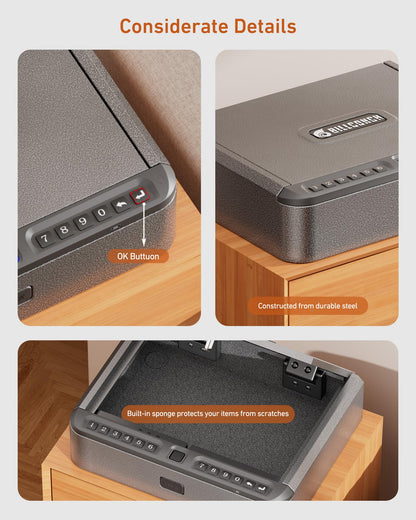 BILLCONCH Gun Safe for Handgun - Biometric Gun Safe 4 Ways Quick Access with Fingerprint/Full-digital Keypad/Key/APP Lock Handgun Pistol Safe for Nightstand Bedside Home