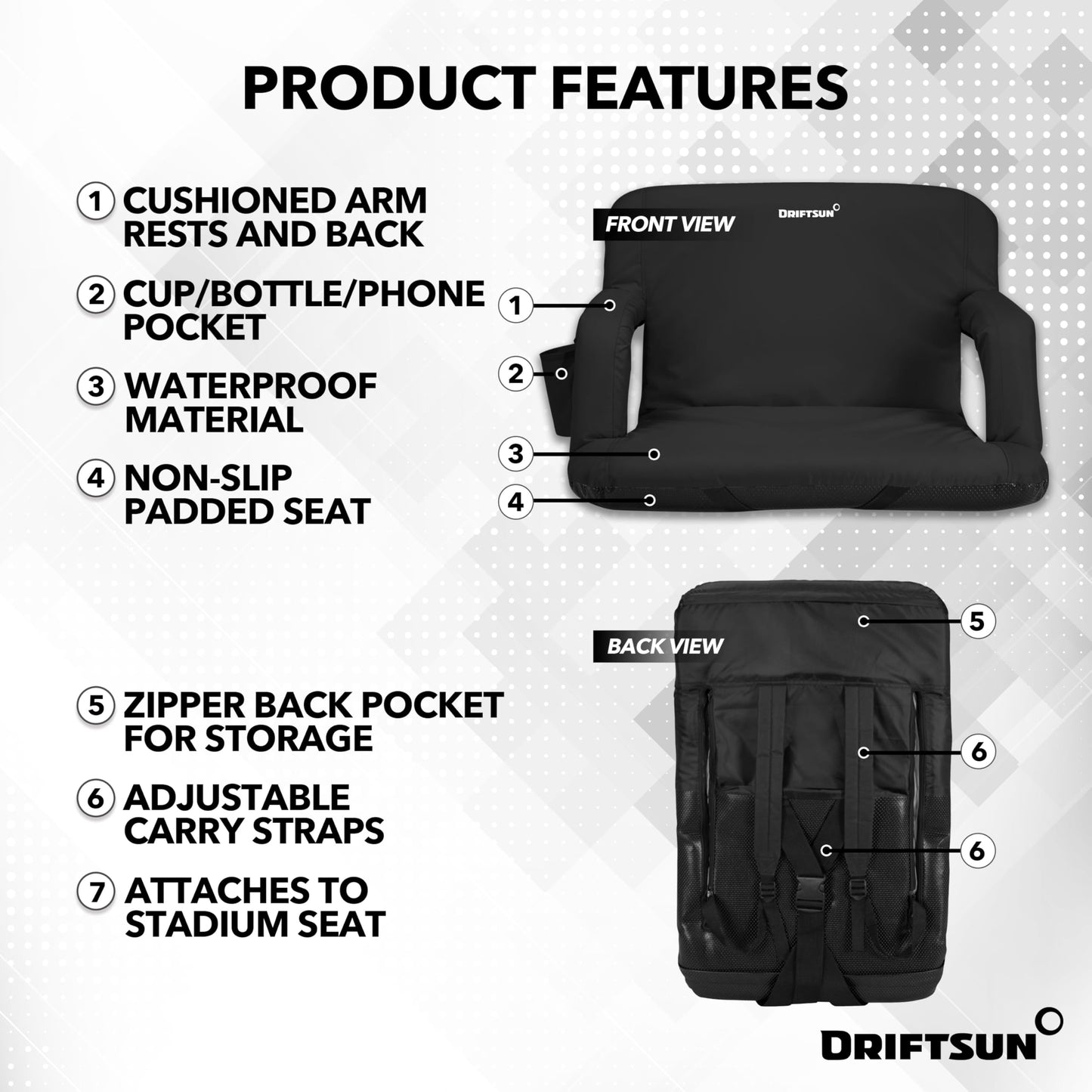 Driftsun 2 Pack Standard Size Stadium Seats with Back Support - Deluxe Foldable Stadium Chairs for Bleachers - Folding Waterproof Sport Chair - Easy to Transport