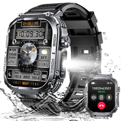 Bassizo Military Smart Watch for Men 3ATM Waterproof with Call/LED Flashlight 2.02" HD Big Screen Rugged Tactical Smartwatch with Compass Fitness Tracker with HR/SPO2/Sleep Monitor for iPhone Android