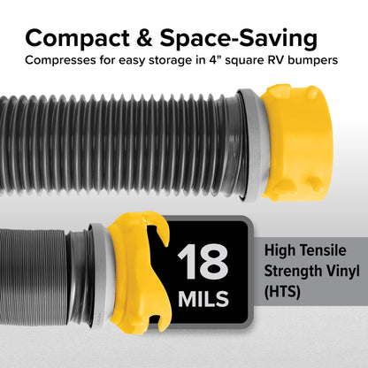 Camco 39665 Deluxe 10' Sewer Hose Extension - Heavy Duty Design with Swivel Fittings, Easy To Use and Compresses For Simple Storage, Storage Caps Included, Gray