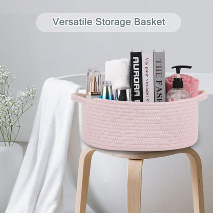 COMSE Small Woven Basket with Gift Bags and Ribbons, Gift Basket Empty, Cotton Rope Storage Organizer, Baby Toy Box with Handles, 12" x 8" x 5", Light pink