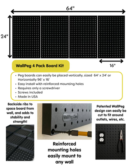 WallPeg Pegboard Kit - 4 Each 24"x16" Peg Board Panels - Made in USA - Mounted Size is 48" x 24" Pegboards Wall Organizer for Walls Home, Garage Tool Storage, Office Organization, Kitchen, Craft Room
