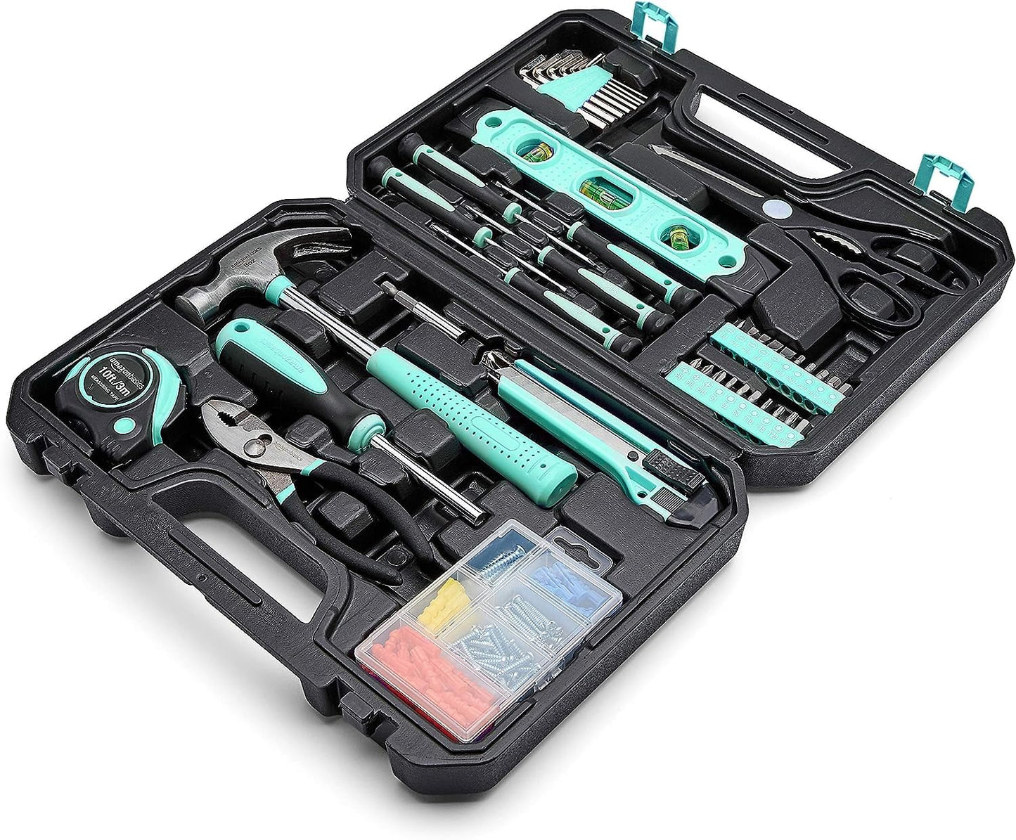 Amazon Basics Household Tool Kit With Storage Case, 142 Piece, Turquoise, 13.39 x 9.25 x 2.95 inch