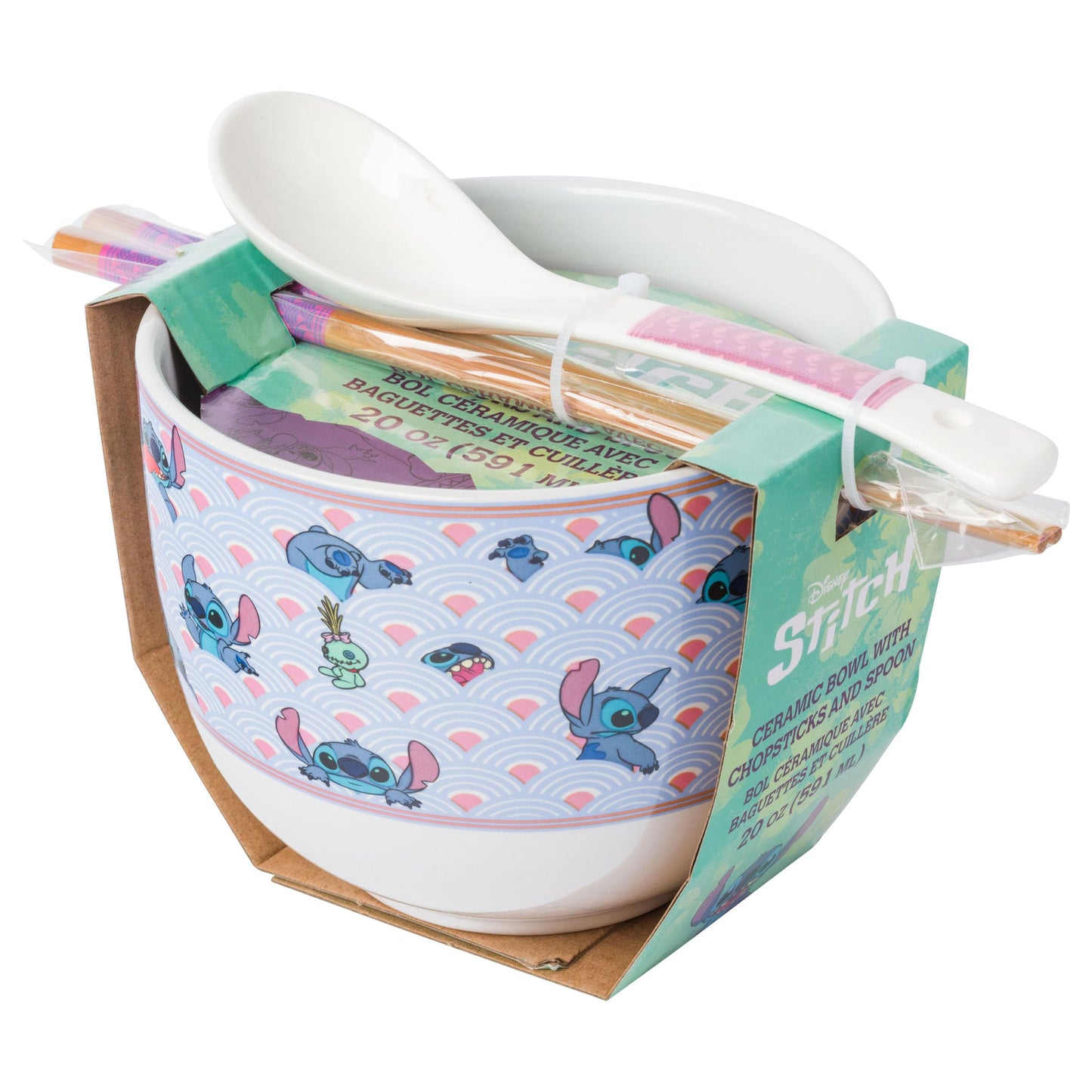 Silver Buffalo Lilo and Stitch Scrump Waves Japanese Pattern Ceramic Ramen Noodle Rice Bowl with Chopsticks and Spoon, Microwave Safe, 20 Ounces