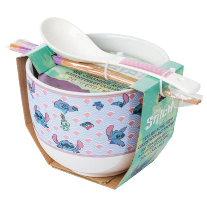 Silver Buffalo Lilo and Stitch Scrump Waves Japanese Pattern Ceramic Ramen Noodle Rice Bowl with Chopsticks and Spoon, Microwave Safe, 20 Ounces