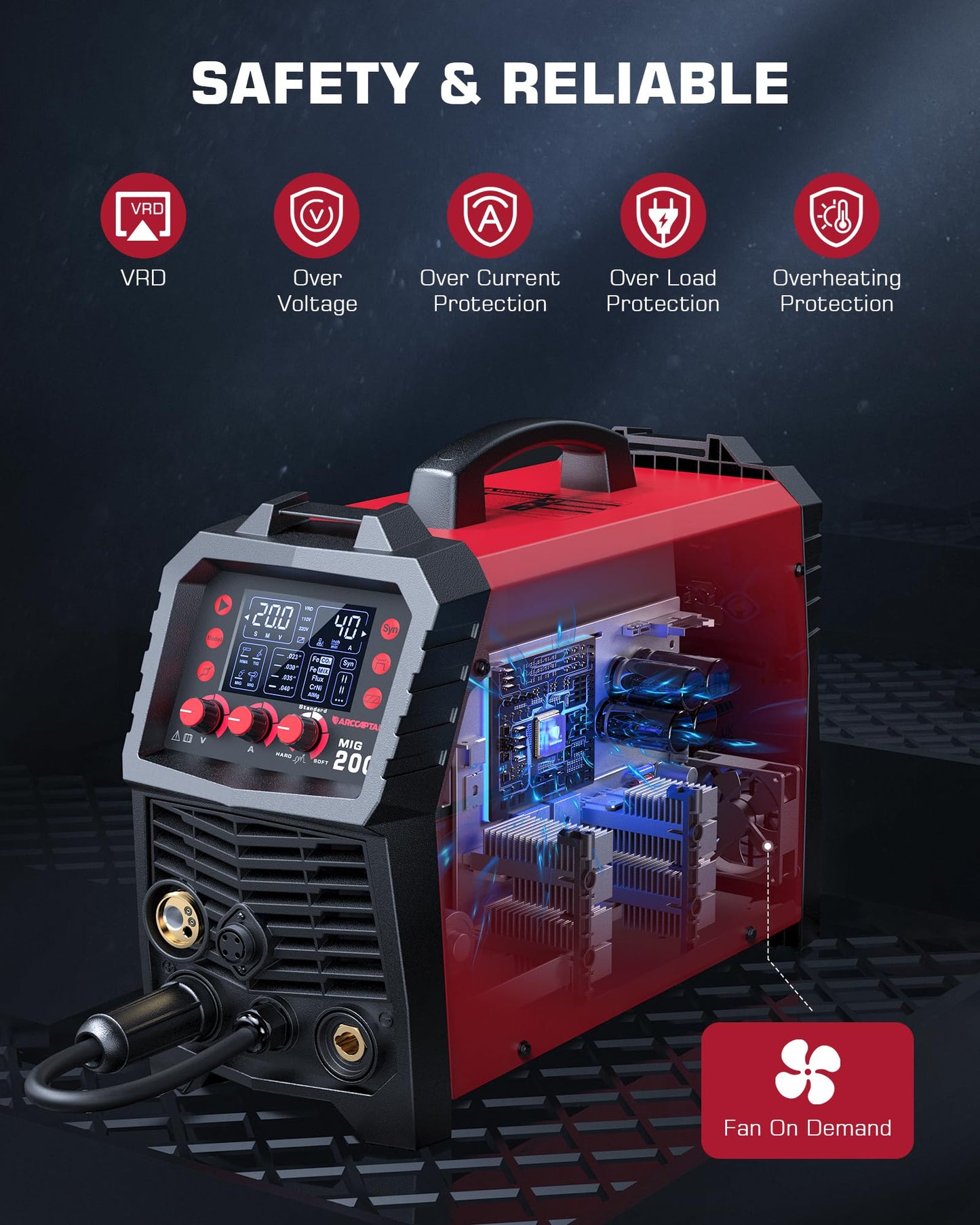 ARCCAPTAIN MIG Welder, 200Amp 6 in 1 Gas MIG/Gasless Flux Core MIG/Stick/Lift TIG/Spot welding/Spool Gun 110V/220V Aluminum Multi Process Welding Machine with LED Digital Display, Burn Back Adjustment