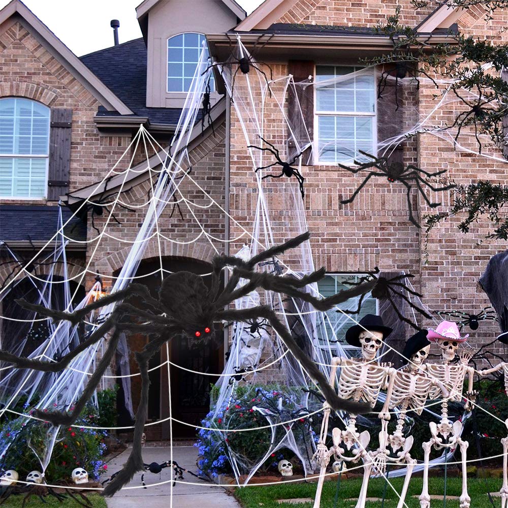 200" Halloween Spider Web + 59" Giant Spider Decorations Fake Spiders with Triangular Huge Spiders Web for Indoor Outdoor Halloween Decorations Yard Home Costumes Parties Haunted House Décor