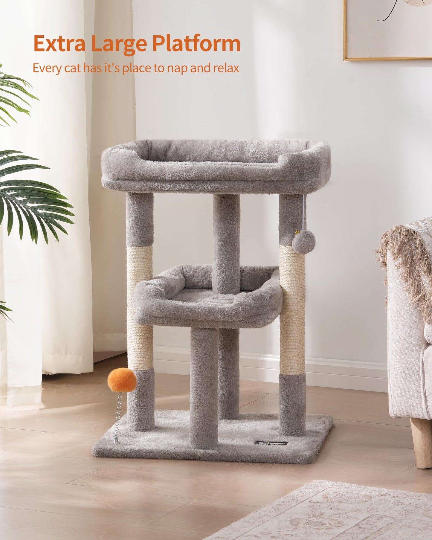 FourFurPets Small Cat Tree, Multi-Level Cat Tree for Indoor Cats, Cat Tower with Scratching Post, Cat Condo for Kittens,Toy Balls, 2 Soft Platform, Light Gray