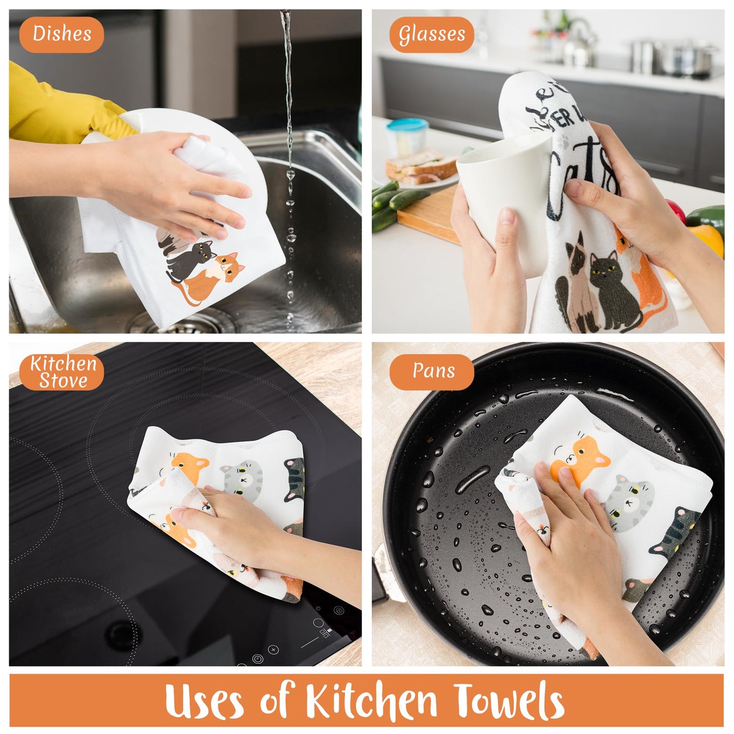 R HORSE 5Pcs Funny Kitchen Dish Towels, Cute Cat Dishcloths Gift, Absorbent Dish Tea Towels Reusable Bar Hand Dishcloths Decor for Bathroom Kitchen Home Supplies Gift for Mom Woman Cat Lovers