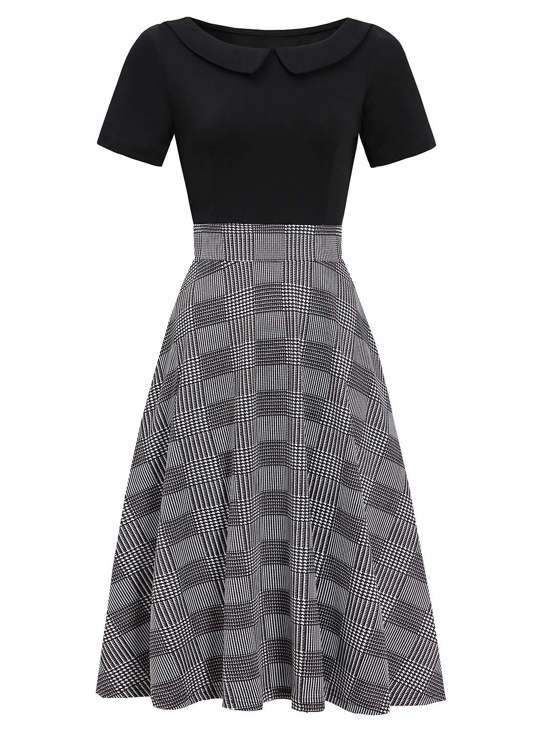 Fit and Flare Dresses for Women Vintage Casual Peter Pan Collar Flower Print Work Party A-Line Swing Dress with Pockets 978 (Plaid Black, L)