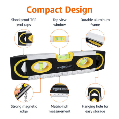 Amazon Basics 9-Inch Magnetic Torpedo Level and Ruler, 180/90/45 Degree Bubbles, Black